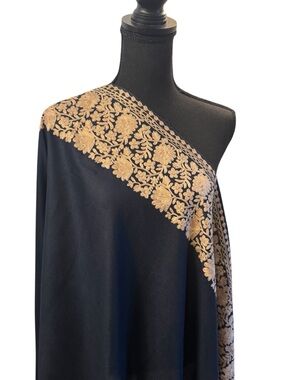 Black Shawl with Gold Floral Embroidery